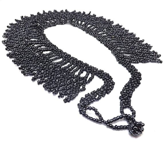 Artisan Beaded Collar Necklace, Metallic Dark Czech Glass Seed Beads, Hand-made - Picture 8 of 8